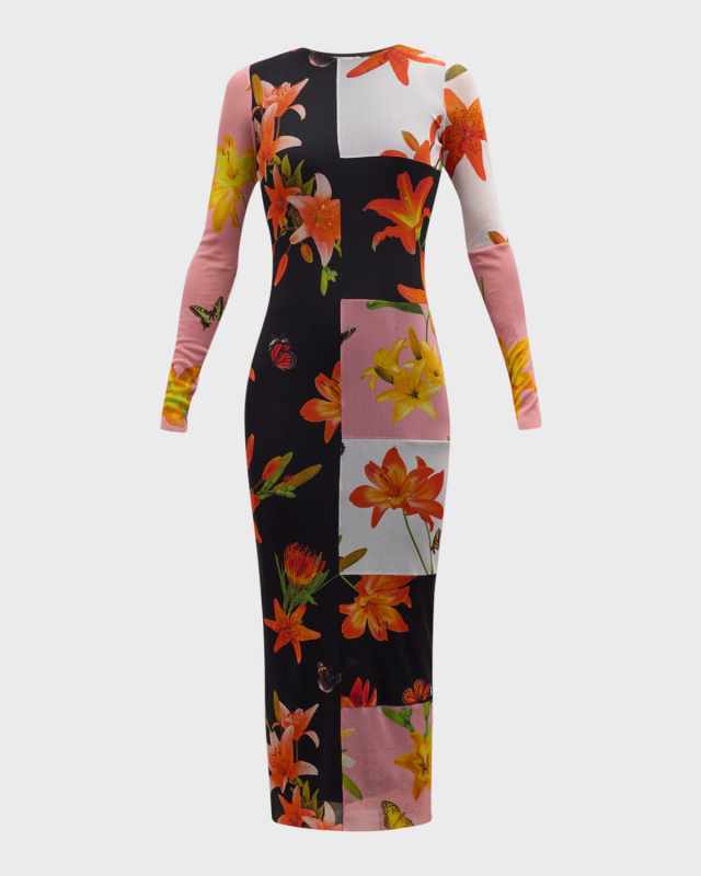 Floral Patchwork-Print Tulle Maxi Dress